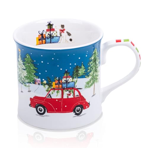 MFoffice 12 oz Christmas Car Coffee Mug, Festive New Bone China Mug with A Red Beetle in Snowy Winter Scene, Holiday Gift for Car Lovers, Kids & Family, Designed in England by Harvest Green Studio