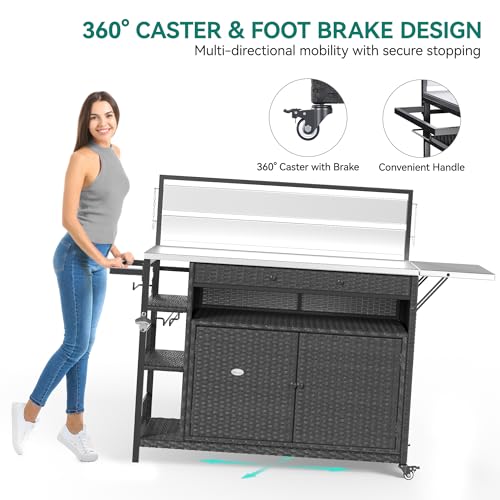 YITAHOME XL Outdoor Kitchen Wicker Island Rolling Cart & Storage Cabinet, Wheels and Stainless Steel Extended Table Top, Side Handle for Patio Kitchen or Bar Cart, Dark Brown
