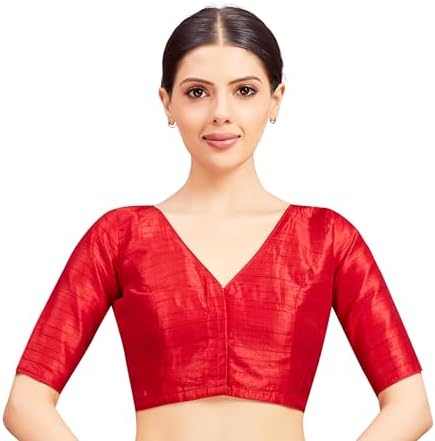 Studio Shringaar Women Readymade Raw Silk V Neck Saree Half Sleeve Blouse