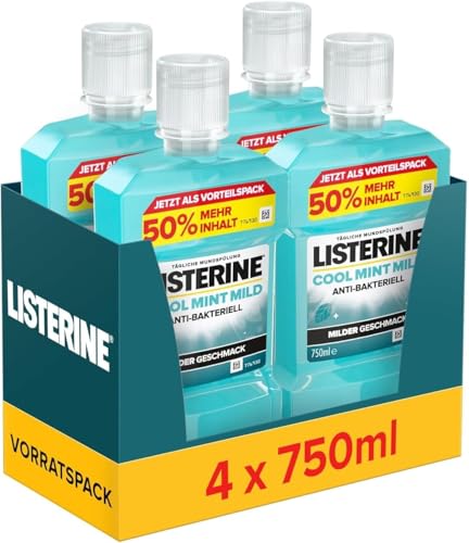LISTERINE Cool Mint Mild (4 x 750 ml), antibakterielle Mundspülung mit ätherischen Ölen & ohne Alkohol, mildes Zahnpflege Mundwasser, reduziert Zahnbelag, bekämpft wirksam Mundgeruch