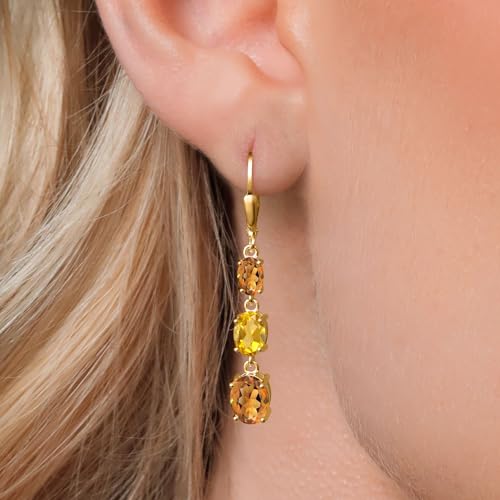 Gem Stone King 18K Yellow Gold Plated Silver Orange Red Madeira Citrine 3 Stone Dangle Earrings For Women (4.50 Cttw, Gemstone Birthstone, Oval 8X6MM, 7X5MM and 6X4MM)3