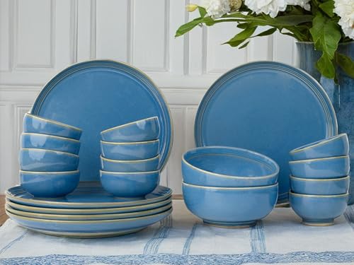 Image of Bodhi House Handcrafted Chip Resistant Porcelain Dinner Set, 20 Pieces Dish Set Serving for 6, Microwave and Dishwasher Safe, Bone-ash Free, Crockery Set for Dining and Gifting, Mid Blue
