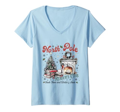 Womens North Pole Book Club Book Lover Bookish Bookworm Christmas V-Neck T-Shirt