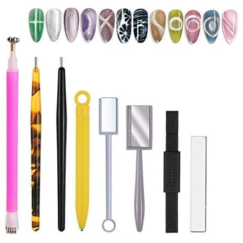 8 Pcs Magnetic Nail Polish Tool,Cat Eye Magnetic Stick Magnet Plate Nail Art Magnet Set, 3D Magnetic Cat Eye Gel Polish Nail Art Magnet Tool for Nail Cover