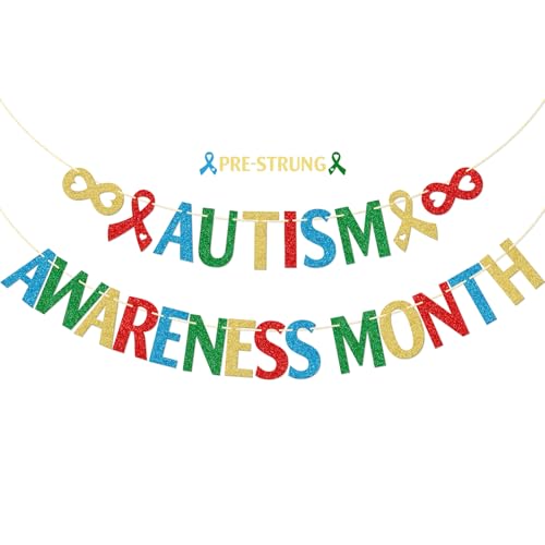 FOZEE Autism Awareness Month Banner, Autism Acceptance Decoration, Love Needs No Word Decor, colorful Glitter