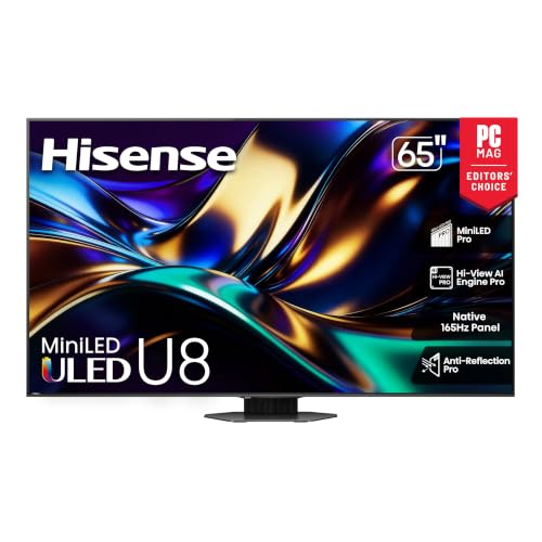 Hisense 65' U8 Series ULED Mini-LED 4K UHD Smart Google TV (65U8QG) - QLED, Native 165Hz, VRR 288, Up to LD5600, 5000 Nits, HDR10+, Dolby Vision IQ · Atmos, IMAX Enhanced, 4.1.2 Ch Audio