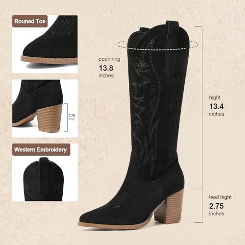 AOSPHIRAYLIAN Cowboy Boots for Women Pointed Toe Knee High Cowboy Boots Women Wide Calf Cowgirl Western Embroidery Pull On Chunky Block High Heels Boot3