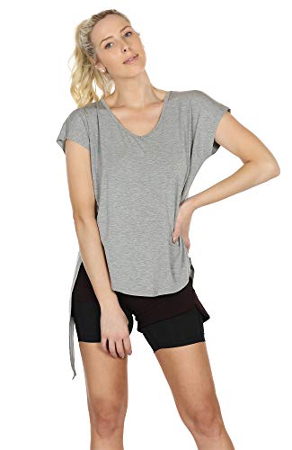 icyzone Camiseta Deportiva de Manga Corta de Suelta de Espalda Abierta para Mujer, Pack de 2 -S-Negro/Gris