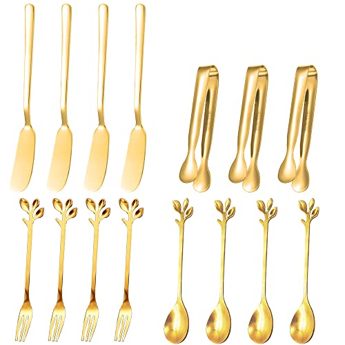 15-Piece Gold Stainless Steel Cheese Butter Jam Spreader Set, Includes Butter Knives, Wheat-Design Forks & Spoons, Cake Clips for Butter, Pastry Making and Eating
