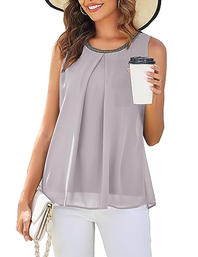 Finejo Oberteile T-Shirt Weste Tops Damen Sommer Loose Ärmellose Einfarbig Chiffon Bluse Tunika Tank Top Grau S