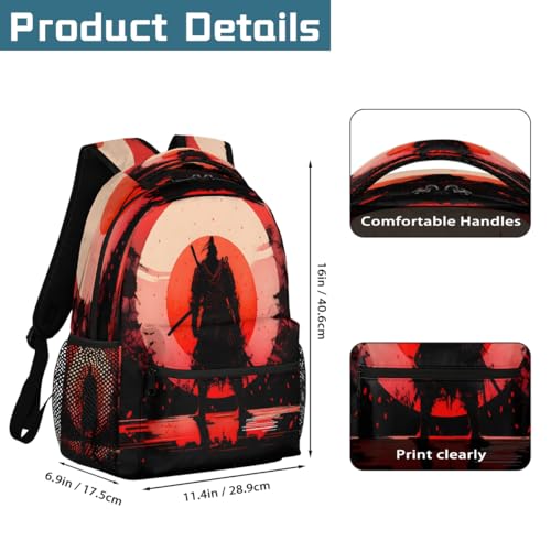 Japanese Style Samurai Silhouette Kids Backpack, Lightweight School Bookbag Large Capacity Laptop Backpack Water Resistant Daypack Shoulder Bag for Teenager Boys Girls2