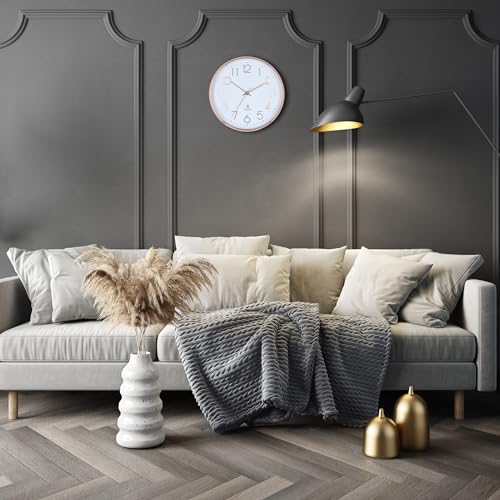 Image of Premium Contemporary Analog Wall Clock with Silent Sweep Noiseless Movement - Rose Gold Frame - HD Clear Glass Surface - 12 inch / 30.5 cm - Model TIME Square in Rose Gold