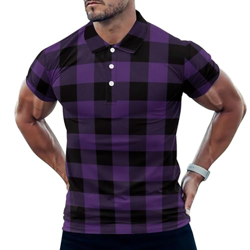 Polo de golf homme manches courtes imprimé carreaux violets confort