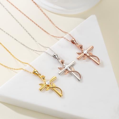 BlingGem Cross Necklace for Women Sterling Silver Cross Necklaces Pendant White/Rose/Gold Plated Cubic Zirconia Flower Necklace Gifts for Women4