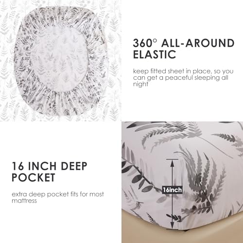 Image of JSD Grey Boho Floral Printed Full Sheet Set 16 inch Deep Pocket | 4 Piece Soft Microfiber Sheets, Watercolor Leaves Ferns Pattern, OEKO-TEX Certified, Easy Care