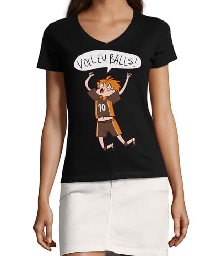 T-shirt anime col en V pour femme en coton noir basique