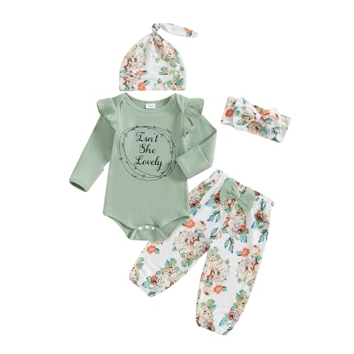 Image of Twopumpkin Newborn Baby Girl Clothes Outfits Rib Knit Bodysuit Romper Floral Pants Headband Hat Coming Home Outfit