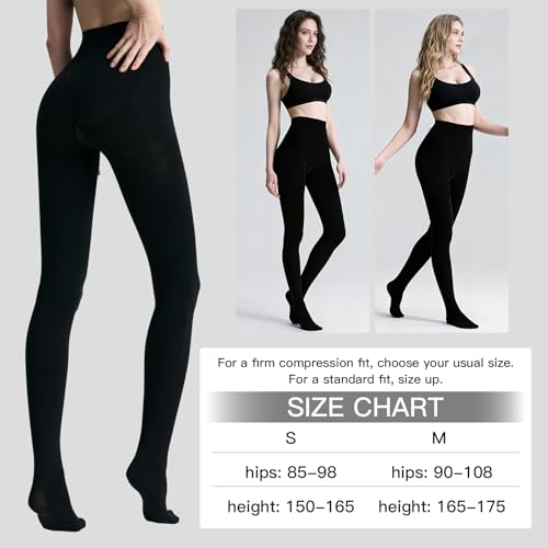 Image of C4N High Compression Tights 130 Denier, Wide Non-Roll Waistband Tummy Control Opaque Matte Black Pantyhose