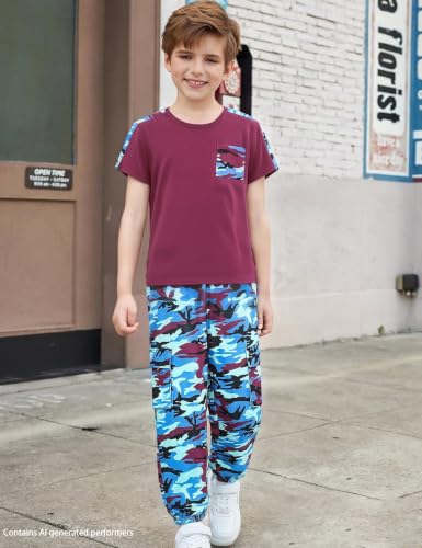 Image of mksodopy Boys Clothes Outfits Set, Camo Cargo Pants and Short Sleeve Pocket Tee 2PC Summer Tracksuit for Kids 5-16Y