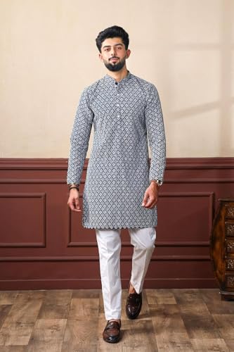 Image of LookMark Men's Printed Silk Blend Kurta with Mandarin Collar, Full Sleeves, Straight Fit Traditional Ethnic Wear