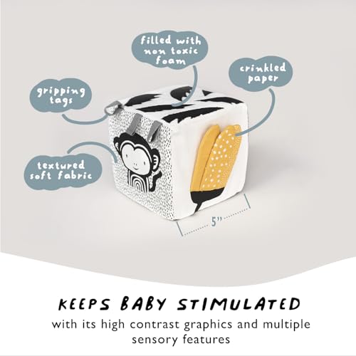Image of Wee Gallery Soft Block, Baby Sensory Toy with High-Contrast Graphics, Organic Soft Fabric Soft Blocks, Crinkle Flap and Textures, Tummy Time Activity for Babies and Toddlers - Woodland
