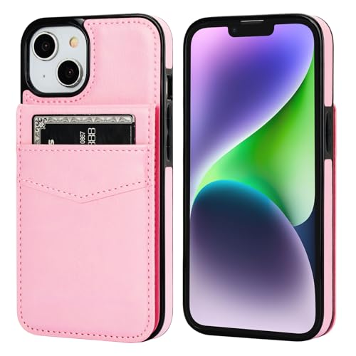 Image of KIHUWEY Compatible with iPhone 13 Case Wallet with Credit Card Holder, Premium Leather Magnetic Clasp Kickstand Heavy Duty Protective Cover for iPhone 13 6.1 inch (Pink)