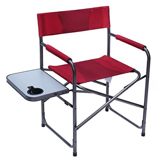 PORTAL Compact Steel Frame Folding Director's Chair Portable Camping Chair with Side Table, Supports 225 LBS, Red