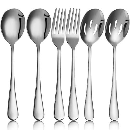 6 Pieces Large Stainless Steel Serving Spoons Slotted Serving Spoons Serving Forks Set for Catering Serving Utensils Party Buffet Dinner Banquet Cooking Kitchen Stirring Draining Tools Silver