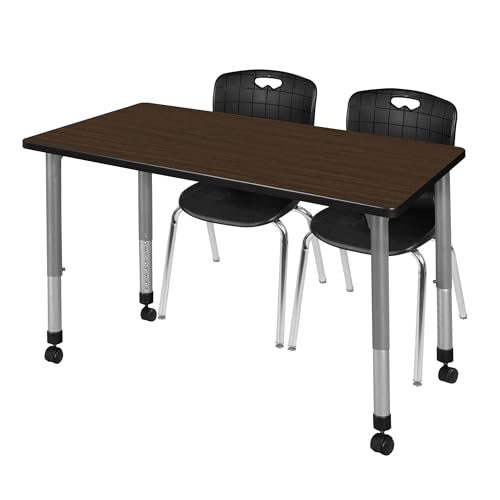 Regency Kee 60 x 24 in. Mobile Adjustable Classroom Table- Neo Walnut Top, Grey Base & 2 Andy 18 in. Mobile Black Stack Chairs