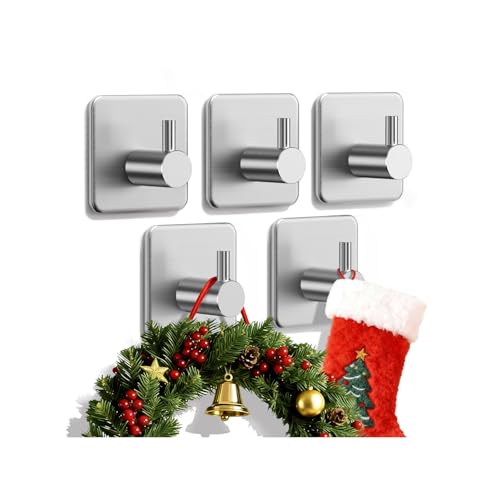 Auxmir 5 Pack Self Adhesive Hooks, Max 10kg Heavy Duty Sticky Hooks, Stainless Stick on Towel Hook, Nail Free Adhesive Hook for Kitchen, Bathroom, Cupboards, Office, Doors, Walls, Coats, Keys