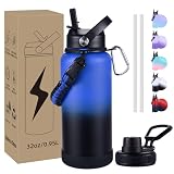 CoolSub Insulated Water Bottle, 32 oz Stainless Steel Wide Mouth Water Bottles with 2 Leak Proof Lid and Paracord Handle, Double Wall Vacuum Insulated Sports Water Bottle, Blue Black