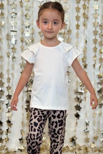 Image of Girls T Shirts Ruffle Short Sleeve Round Neck Loose Blouse Summer Solid Color Casual Girl Tee Tops for 3-12 Years