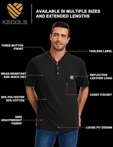 Men's Loose Fit Heavyweight Short-Sleeve Pocket Work Henley T-Shirt (Regular&Tall)3