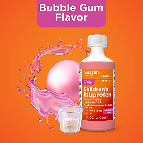 Image of Amazon Basic Care Children's Ibuprofen Oral Suspension 100 mg per 5 mL, Pain Reliever and Fever Reducer (NSAID), Bubblegum, for Minor Aches and Pains, Headache Relief and More, 8 fl oz (Pack of 2)