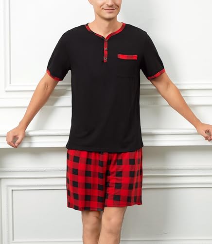 Mens Cotton Sleep Pajamas Set Soft Short Sleeve Henley Collar Black Solid Tops and Plaid Shorts Bottom2