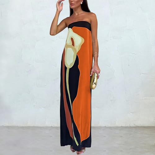 Image of Women Y2k Strapless Maxi Dress Summer Backless Floral Long Tube Dress Off Shoulder Cocktail Party Dress