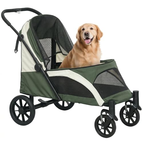 PawHut Poussette pliable pour grands chiens et chats jusqu'à 30 kg - Avec coussin, fenêtres en filet, portes, sac de rangement - Vert foncé