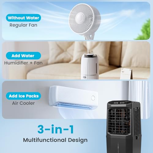 KOTEK 7 Gal Evaporative Air Cooler, 1800 CFM Windowless Portable Swamp Cooler Air Conditioner with 3 Speeds 4 Ice Boxes 12H Timer Remote, Oscillating Cooling Fan for Room Home Gara image 5