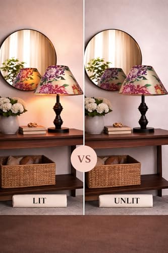 Image of tu casa Modern Table Lamp with Crimson Floral Satin Shade | Metal Iron Base Decorative lamp for Living Room| Study & Home Decor, Designer Table Lamp for Gifting (Crimson Floral)