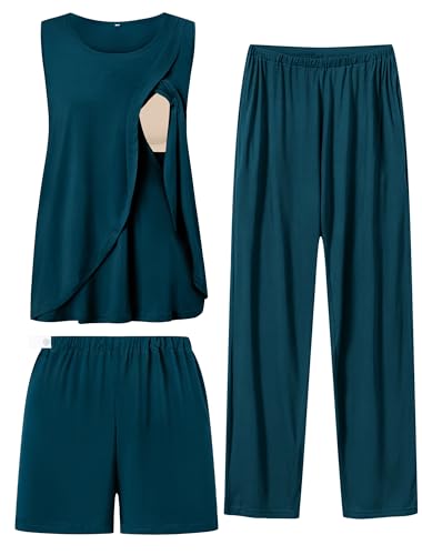 Image of SWOMOG Women Maternity Pajama Set 3Pcs Nursing Pjs Sleeveless Pregnancy Set Breastfeeding Pjs Double Layer with Pockets