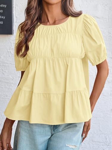 Image of Tankaneo Womens Puff Sleeve Peplum Babydoll Tops Summer Flowy Pleated Cotton T-Shirts Casual Loose Fit Cute Blouse