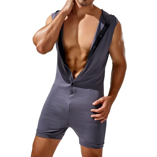 Men's Sexy Hoodie Jumpsuit,Party Sleeveless Sport Button-Down Short Slim Fit Elasticity Sleepwear XXL Black Grey2
