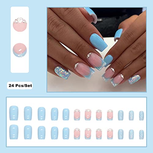 Sixdian Blue Press On Nails Medium Length Square Glossy Fake Nails Tips With Bling Diamond Design Stick On Nails, Full Cover Acrylic Nails Summer Light Blue False Nails For Womenfor Girls (Style D3) #TOP4