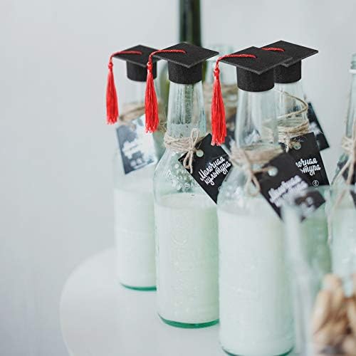 Miniatura 6 de 36 mini gorras de graduación 2024 con borlas para botellas de vino de graduación (gorra negra con borla roja)