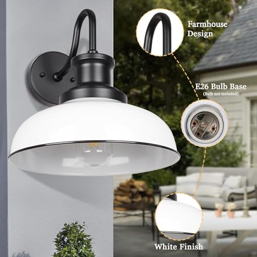 Image of Outdoor Barn Light, Rustic Outdoor Wall Sconce, Farmhouse Exterior Wall Mount Light, Vintage Indoor Wall Lighting Fixture, Industrial White Lantern Lamp for Porch, Garage, Patio, RZ007 WH