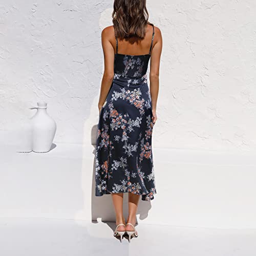 Image of Fashionme Women Spaghetti Strap Midi Satin Dresses Tie Front Backless Slit Cutout Dress Semi-Formal /Casual Flowy Lightweight