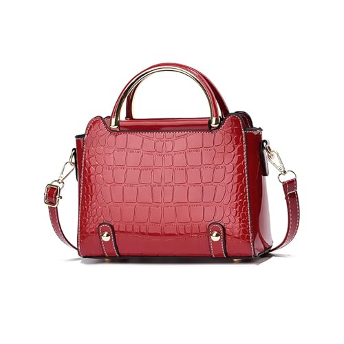Nicole & Doris Sac à Main et Bandoulière en Cuir Verni, Épaule Crocodile, Cartable Chic Rouge