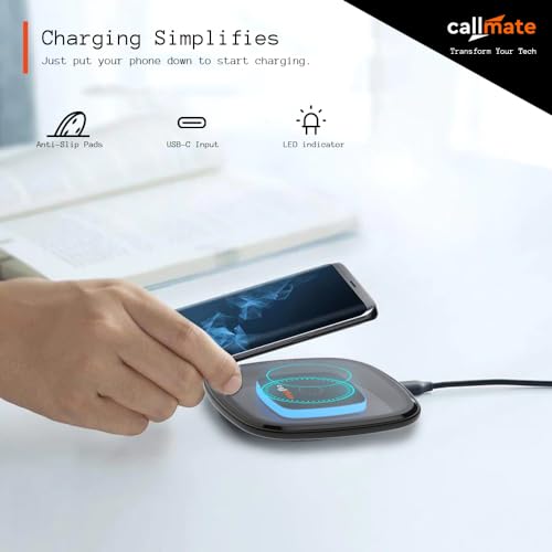 Image of CALLMATE 15W C-Thru Wireless Fast Charging Pad for Apple iPhone 15 /15 Plus /15 Pro /15 Pro Max, iPhone 14 /14 Plus /14 Pro /Max, iPhone 13 /12 /11 Series, Universal Compatibility (Black, Transparent Design)