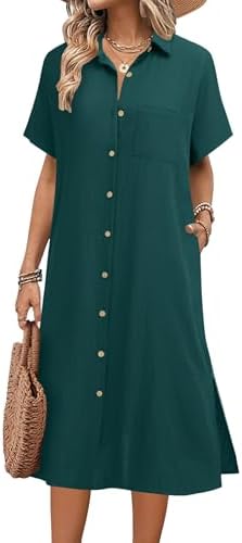 HOTOUCH Womens Dress Summer Casual Midi Short Sleeve Button Down ...