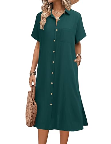 Image of HOTOUCH Womens Dress Summer Casual Midi Short Sleeve Button Down Shirt Dresses Loose Beach Cover Up with Pockets